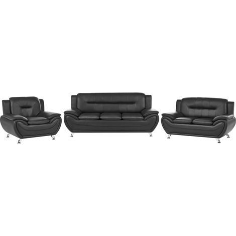 6 Seater Sofa Set Black Vegan Eco Leather Sofa Couch Armchair Silver Metal Legs Easy Clean Modern Glam Style Living Room LEIRA (1/5)