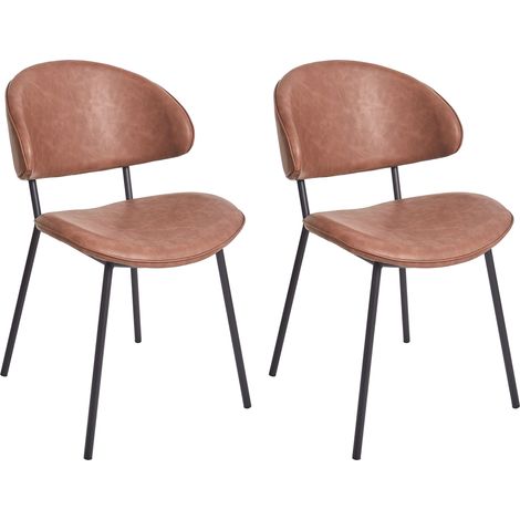Conjunto de 2 sillas de comedor modernas asiento respaldo curvo sin reposabrazos patas negras tapizado en piel sintética marrón Kiana (1/5)