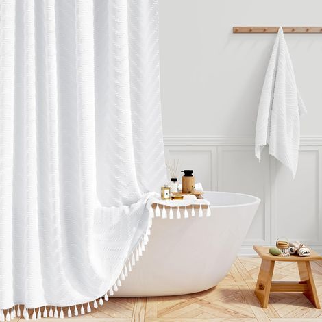 Rideau de douche rembourré à rayures à chevrons avec glands, durable et lavable, décoration vintage, bohème, rustique, avec 12 crochets, 182 x 200 cm, blanc (1/5)