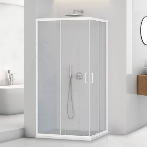 Box doccia angolare 70x90 in vetro temperato trasparente doppio scorrevole con profili bianchi Tay