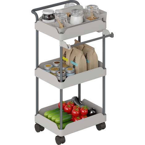Plaisier auxiliaire, 3 niveaux à roulettes Grillette de cuisine avec paniers amovibles et porte-serviette gris