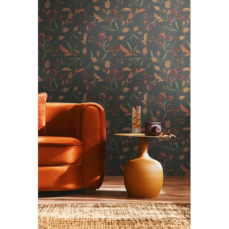 Papier peint intissé Fleuri Vert, Orange, Terre cuite, Rouge, Noir - 10,05 x 0,53 m (1/5)