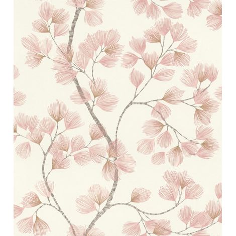 Papier peint intissé Motif branches et petites feuilles – Papier peint en vinyle floral en blanc, gris, rose pour une ambiance de vie naturelle – Robuste et lavable – 10,05 m x 0,53 m (1/3)