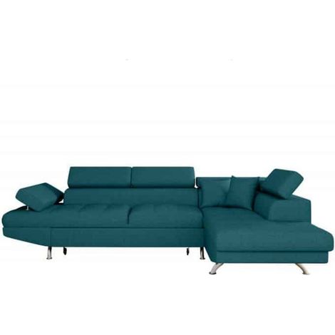 Loungitude – Canapé d'angle convertible 5 places avec coffre de rangement – Accoudoir réglable – Couchage 135 x 195 cm – Tissu bleu – Fabrication européenne (1/5)