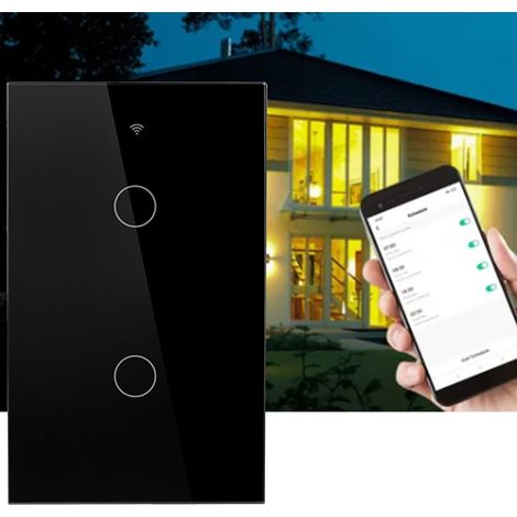 Interrupteur intelligent noir à 2 voies avec panneau tactile, interrupteur mural, télécommande WiFi via téléphone portable, minuterie vocale Alexa. (1/5)