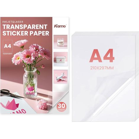 Papier Autocollant Transparent – 30 feuilles, Étiquettes Vinyle Imprimables pour Imprimantes Laser et Jet d'Encre, A4, 210 x 297 mm, 1 étiquette par feuille, Non Imperméable (1/5)