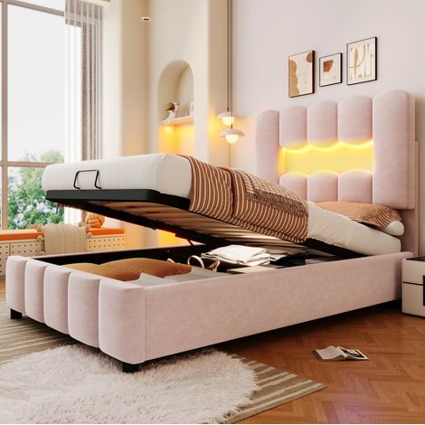 Bett modern 90x200 cm in Samt Rosa, mit verstellbarem Kopfteil, hydraulischem Stauraum und LED (1/5)