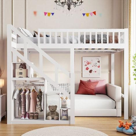 Letto soppalco per bambini - 90x200 cm - Legno massello bianco - Scala con spazio di stoccaggio integrato - Recinzione a stella 149 cm