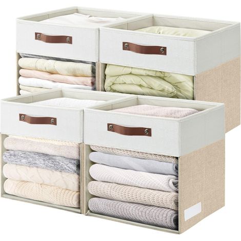 Lot de 4 cubes de rangement pliables en lin avec fenêtre transparente et 2 poignées, 33 x 38 x 33 cm pour étagère, placard, vêtements, livres (beige et blanc) (1/5)