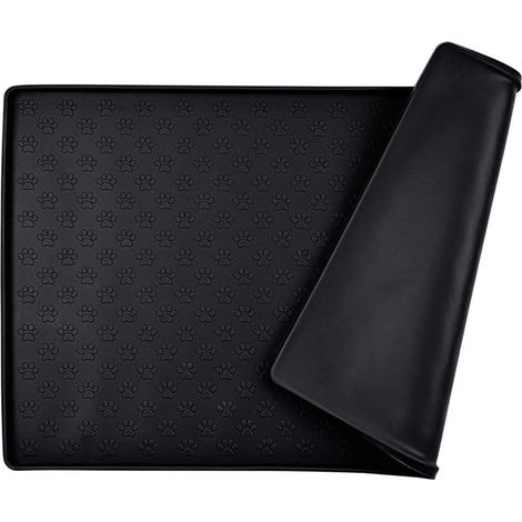 Tapis pour gamelle pour chien/chat en silicone conforme aux normes FDA, imperméable et antidérapant, motif pattes noires, 48 cm x 30 cm