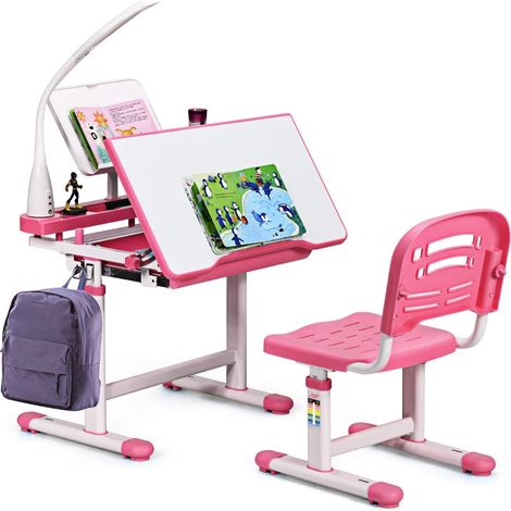 Set Sedia e Scrivania per Bambini Altezza e Angolo Regolabile e Multifunzionale,
Con Cornice per la Lettura e Lampada di Protezione per gli Occhi Colore Disponibili: Blu/grigio/rosa (1/5)