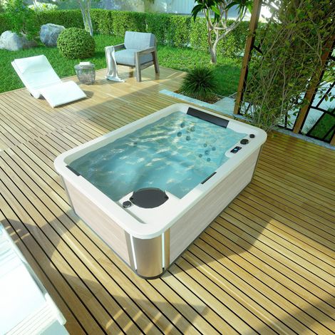 Kinedo – Spa rigide 4 places rectangulaire 230x160x78 cm – 20 buses directionnelles et rotatives – Chromothérapie – Structure en acier – 750 L (1/3)