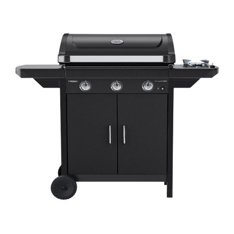 cBarbecue a' gaz Campingaz compact 3 EXS avec trois bruleurs, cuisinie're late'rale et roues pour le transport