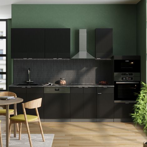 Cuisine Fame-Line, Noir rayé/anthracite, 300 cm avec armoire haute, PT Anthracite, Vicco