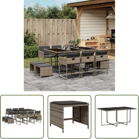 The Living Store 11-tlg. Garten-Essgruppe mit Kissen Grau Poly Rattan - Gartenmöbel Set - Gartentisch - Gartenstühle - Gartenhocker - Rattan Möbel (1/5)