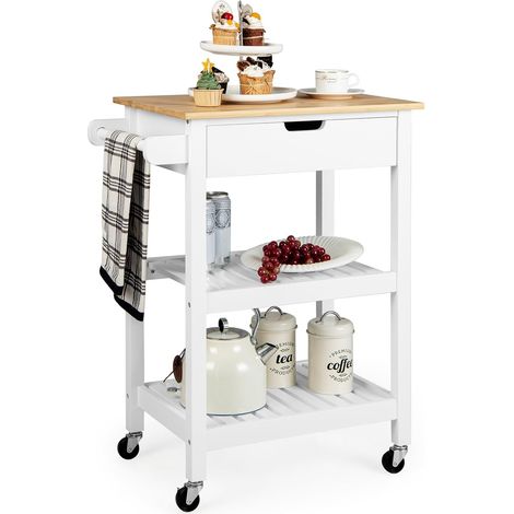 Goplus – Desserte de cuisine en bambou 66 x 40 x 84,5 cm – 3 niveaux avec tiroir et étagères – 4 roues universelles dont 2 verrouillables (1/5)