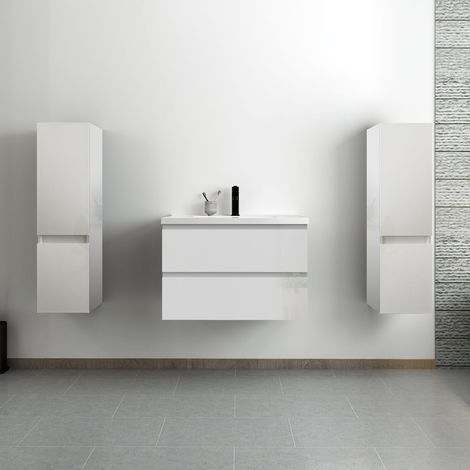 Acezanble ensemble meuble salle de bain 80 cm blanc brillant avec 2 tiroirs à fermeture automatique, lavabo céramique simple + 2 colonnes, suspendu