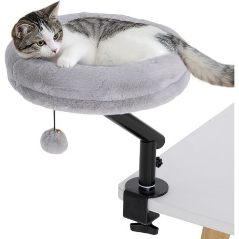 Lit de bureau pour chat, avec rotation à 360°, hauteur réglable, coussin amovible et lavable en machine, pour chats de moins de 6 kg, idéal pour la maison ou le bureau, gris. (1/5)