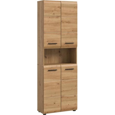 Ice armoire haute pour salle de bain 4 portes, 1 étagère chêne décor.