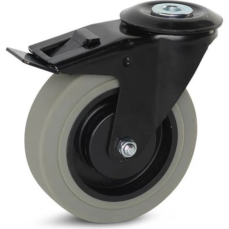 Roue pivotante freinée - MESO - Caoutchouc gris - 125mm - 180kg - Boîtier noir - Trou central