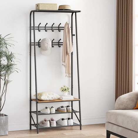 Porte-manteau stable avec banc à chaussures, Meuble Entree, 3 étagères et 10 crochets, design 4 en 1, en métal, pour couloir, salon, 64 x 30 x 180 cm (1/5)