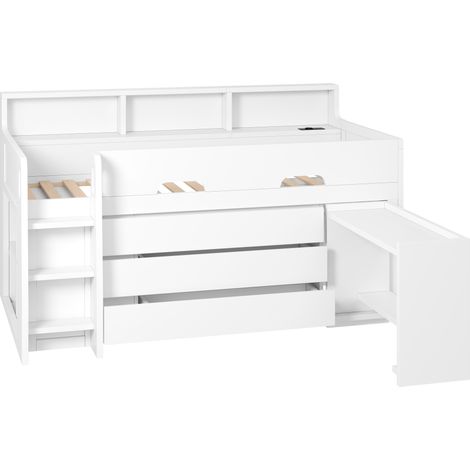 Letto a soppalco basso 90 x 200 cm bianco con 3 cassetti, scrivania mobile e vani (1/5)