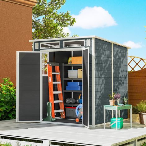 Caseta de jardín de resina, cobertizo de almacenamiento con doble puerta, 3 ventanas y 2 rejillas de ventilación, protección UV y suelo, 3,3 m², gris.