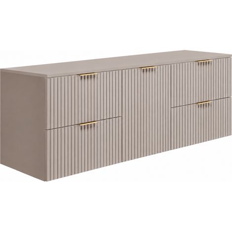 Meuble sous-vasque suspendu 160 cm, 4 tiroirs, 1 porte, fermeture douce, panier à linge, Cachemire, poignées dorées, 160 x 46 x 57 cm