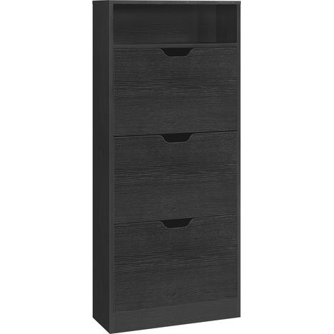 Meuble à Chaussures 3 Portes Battantes, Étagère à Chaussures, Compartiment Ouvert, Séparateur Réglable, 14 à 18 Paires, pour Petite Entrée, 24 x 60 x 139 cm, Noir Boisé (1/5)