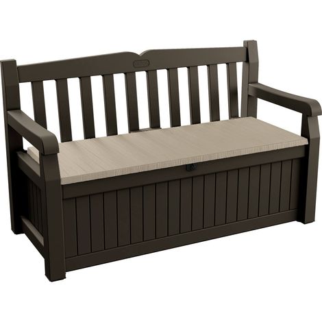 Dmora - Aufbewahrungstruhe für draußen Chestermere, Gartenbox, Outdoor-Truhe, Stauraumbank für außen, 140x60 h84 cm, Braun und Beige