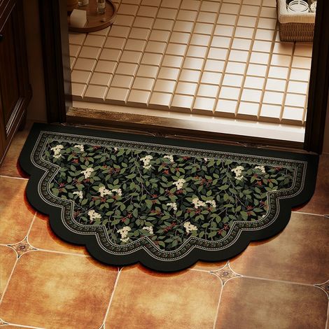 Tapis de bain en diatomite 50×80 cm, fleurs blanches en grappe sur fond noir, bord ondulé décoratif, absorbant, antidérapant, lavable à la main (1/3)