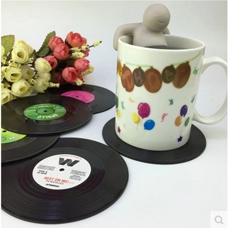 Sous-verres, ensemble de 6 sous-verres, disques vinyles, style vintage, antidérapants, blocs CD, maniques pour assiettes, café et boissons (1/4)