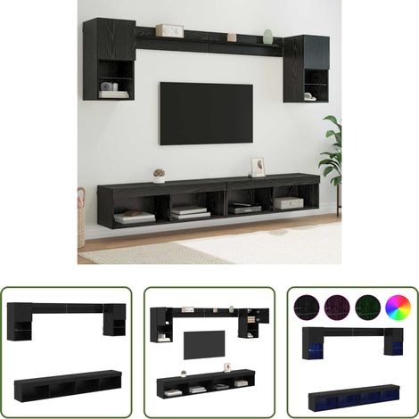 Wandregal Holz - TV Wand Einheiten mit LED mit LED 6 pcs Schwarz Eichen-Optik (1/5)
