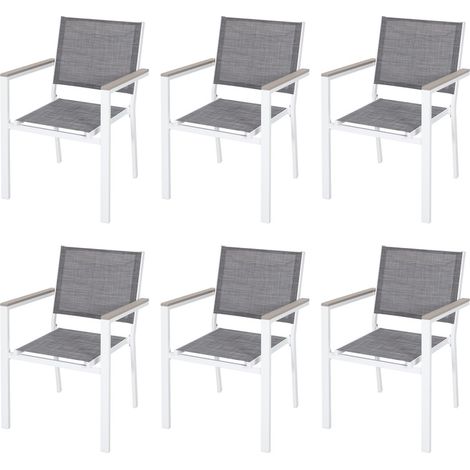 Avestar Gartenstühle 6er Set, Outdoor Stapelstühle, aus Metallgestell und Textilene mit Armlehnen aus Kunstholz, wetterfeste Esszimmerstühle, Grau und Weiß