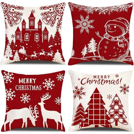 Lot de 4 Housses de Coussin Noël Bonhomme de Beige Rouge Château Modèle Décoratif Canapé Taie d'oreiller Décoration pour Chambre, canapé, Chaise, Voiture, Lit,Jardin 45 x 45 cm (1/4)