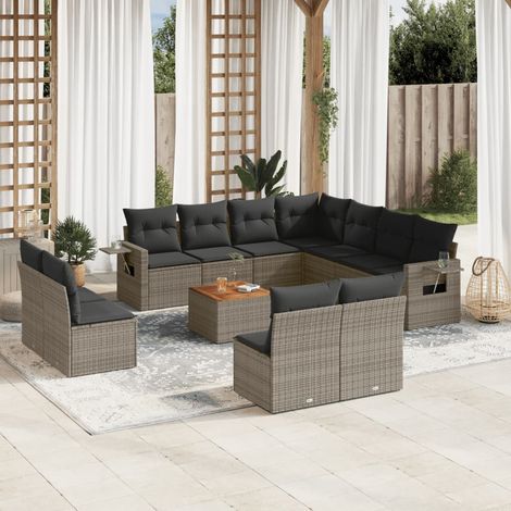 Ensemble modulable 12 places en résine tressée gris, avec coussins amovibles et table d'acacia - Modèle relax - Salon de jardin complet (1/5)