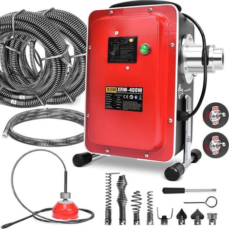 16mm 26,5M Elektrische Rohrreinigungsmaschine 400W 450U/min mit FI-Schalter für Ø30-100mm Rohrleitungen, Rohrreinigungsgerät Rohrreiniger Abflussreiniger, Rohrreinigungsspirale Ø10mm 5M Spiralen