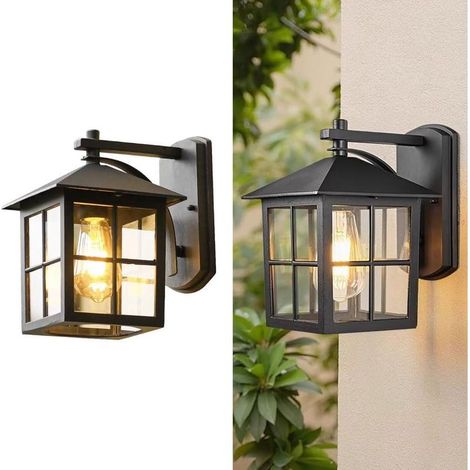 Appliques murales d'extérieur étanches IP65, luminaires muraux vintage en aluminium noir mat, applique murale de porche avec douille E26 et abat jour en verre pour garage et terrasse (1/5)