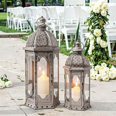 Lot de 2 lanternes à bougie décoratives vintage en métal pour jardin, intérieur et extérieur, fêtes, mariages, terrasse, décoration d'intérieur (gris avec brosse noire) 55,9 x 43,2 cm (1/5)