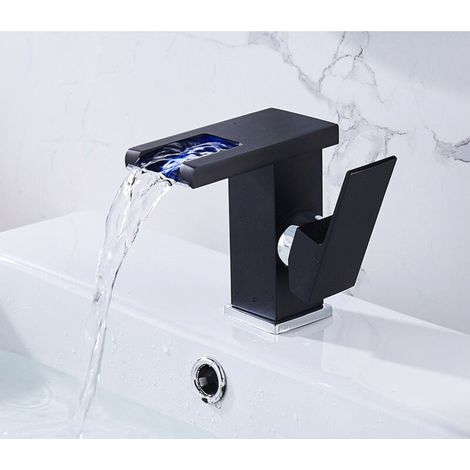 Mitigeur De Salle De Bains RVB Changement De Couleur Cascade Robinet De Lavabo De Lavabo Mitigeur Mitigeur De Toilette - Noir Court (1/5)