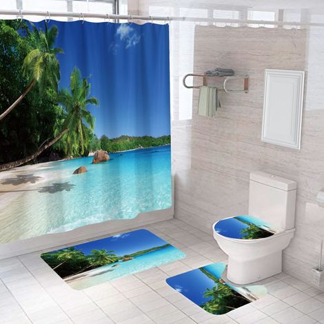 Rideau de Douche Tropical Plage Été Bord de Mer Océan Île Palmier Décor Salle de Bains Résistant Imperméable Baignoire Accessoire avec 12 Crochets 180 cm (1/4)