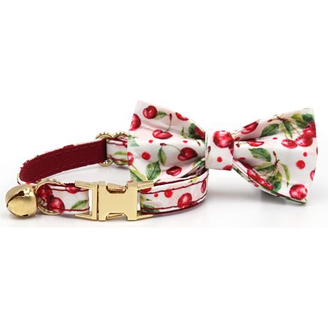 Collier pour chat motif cerisier et fleurs avec nœud papillon, boucle dorée légère et ajustable (1/2)