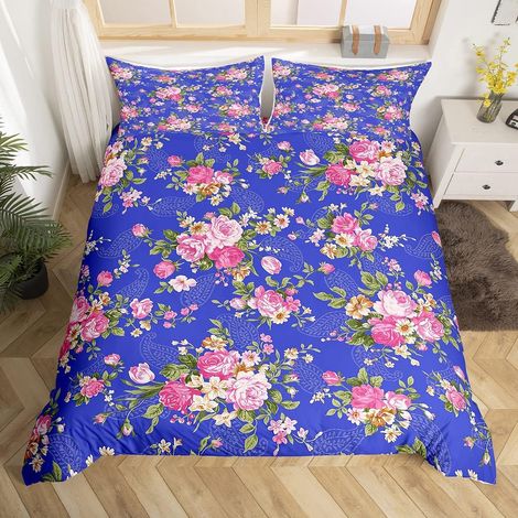 Imprimé Floral Housse de Couette Motif Fleur Rose Parure de Lit 200x200cm Bleu Boho Imprimé Paisley Ensembles de Housse de Couette pour Décor de Chambre d'enfant avec 2 Taie d'oreiller - 200x200cm (1/5)