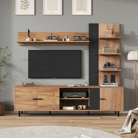 Ensemble meuble TV 187,5x40x167cm - Meuble TV + étagère d'exposition + étagères ouvertes - 3 portes - Panneaux de particules - Naturel et noir (1/5)