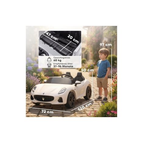 Voiture électrique Maserati pour enfants, 2 places, fonctionnement sur batterie 12V, télécommande, feux LED, fonction musique, blanc (1/5)