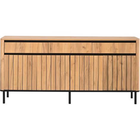 Buffet salon effet chêne 160 cm, meuble TV avec 3 tiroirs, 3 portes à lattes, étagère amovible et 6 pieds en métal (1/5)