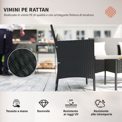 4-teiliges Rattan-Set mit 2 Sitzen, doppelseitigem Gartentisch und Bodenplatte, schwarz und cremefarben