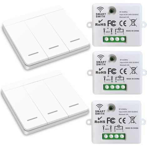 Interrupteur d'éclairage sans fil RF 433Mhz, récepteur 10A 1500W avec 3 récepteurs et 2 commutateurs, installation facile sans filage (1/4)