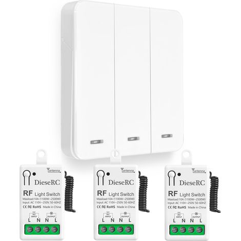 Interruptor de luz inalámbrico, interruptor transmisor RF para panel de pared tipo 86 y controlador-receptor de relé de 10 A, para luces de hasta 1500 W. (1/5)