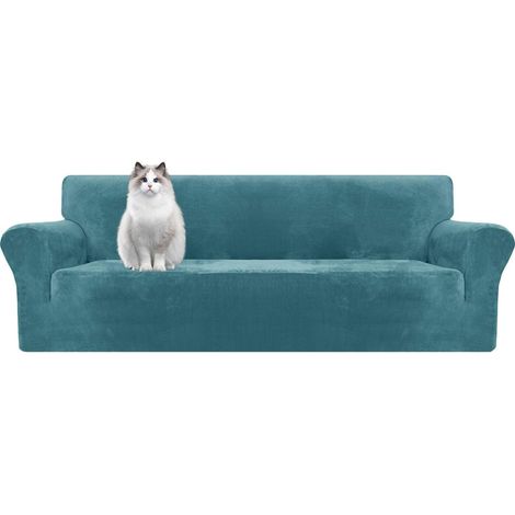 Sollbry Sofabezug mit Armlehnen, Samt-Stretch, elastisch, rutschfest, kratzfest, Katzen-Sofaschutz, geeignet für Wohnzimmermöbel (Pfauenblau) (1/3)